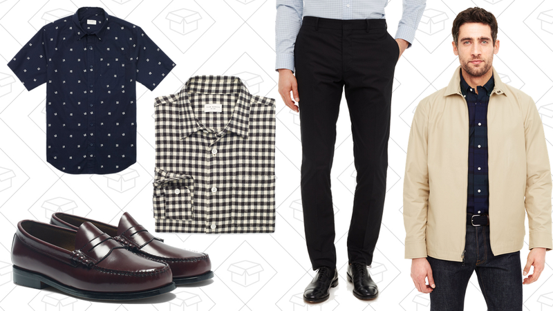 Short-Sleeve Flower Shirt, $29 | Bass Larson Loafer, $53 | CPO Gingham Twill Shirt, $23 | Grant Poplin Suit Trouser, $41 | Zip Shirt Jacket, $59